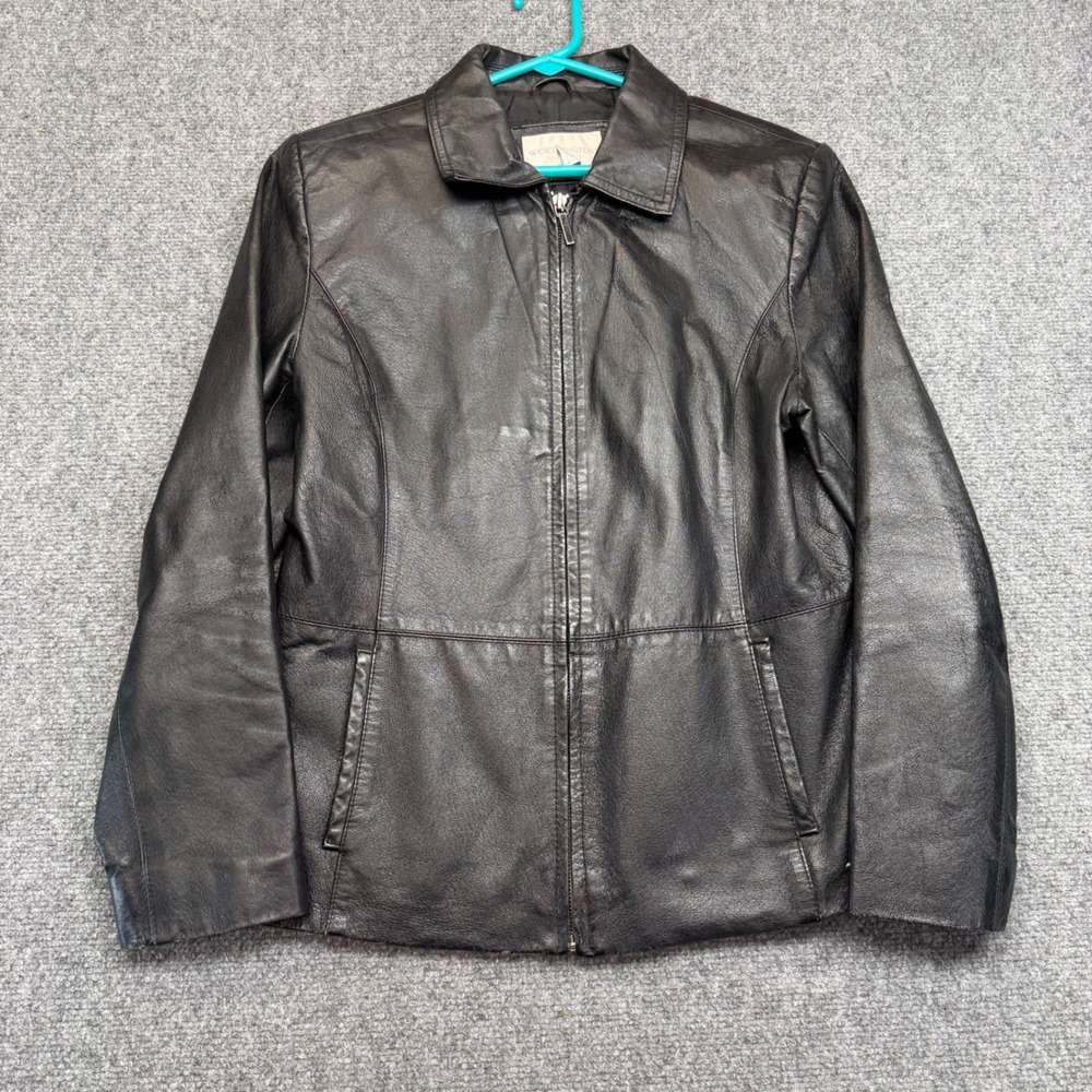 Worthington Black Leather Jacket Womens Petite Medium Full Zip Collared